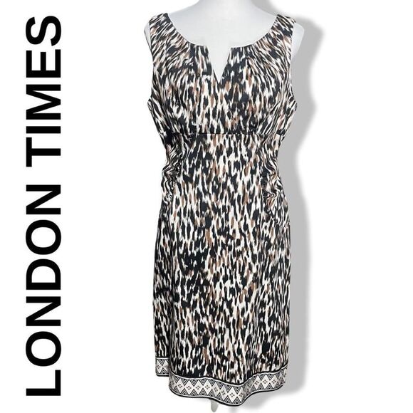 LONDON TIMES Animal Print Cotton Dress, Crisscross Bust, Ruched design, Size M - Picture 1 of 10